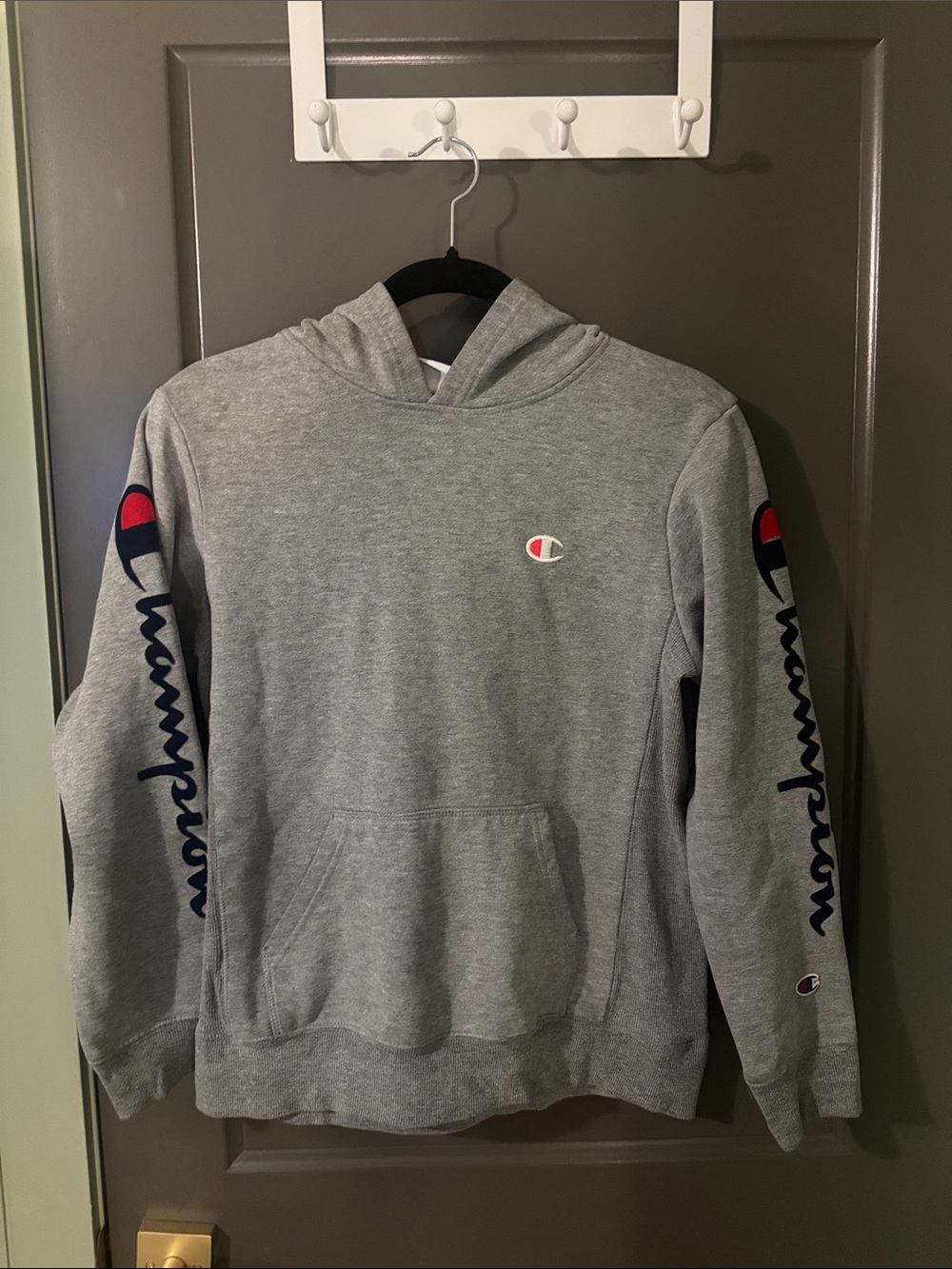 Youth Champion Gray Hooded Pullover with Sleeve Logo